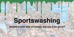 Banner image with green oil dripping from the top and the words Sportswashing: Should events take oil money and use it for good?