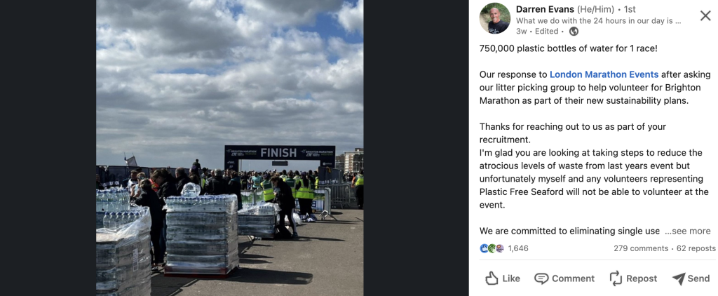 Screenshot of Darren Evan's LinkedIn post featuring a picture of thousands of plastic bottles of water at the finish of the Brighton Marathon