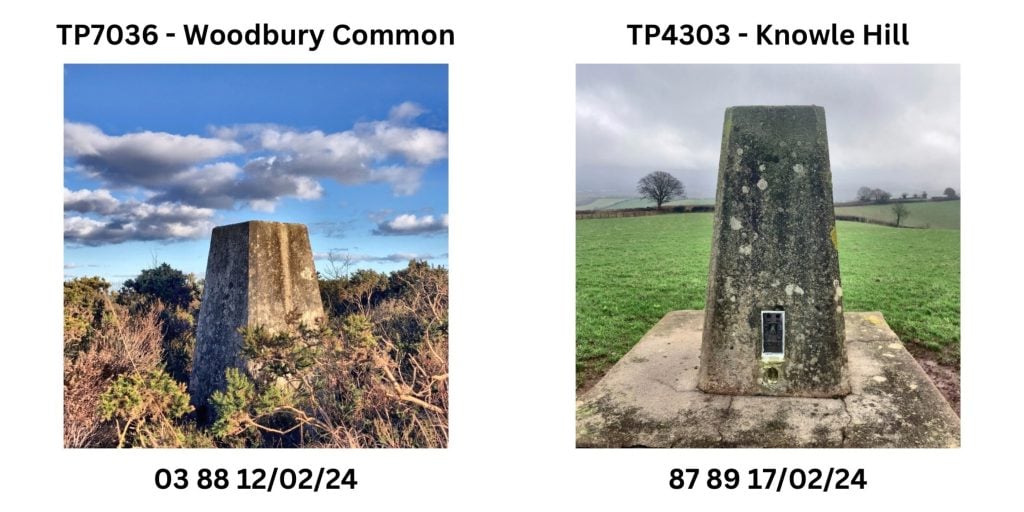 Two Ordnance Survey trig points. The one on the left is surrounded by heather under a blue sky. The other is in a large green field with dark grey clouds above.