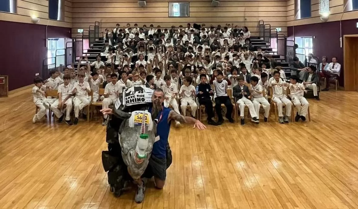 Chris Green as Rhino Boy at a school
